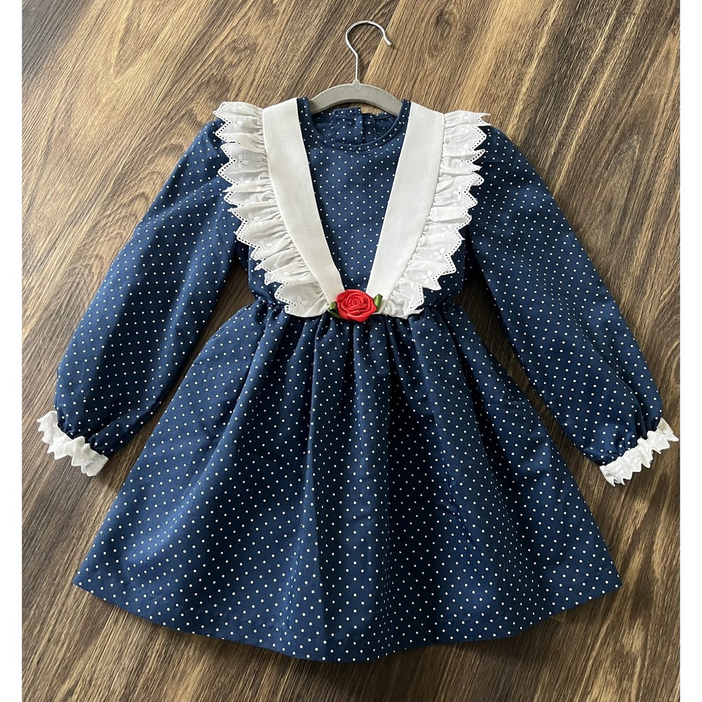 Vintage Girls Evy Polkadot Dress Red White‎ Blue -size 5